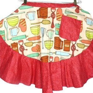 Retro Cooking Half Apron One Size Baking Red Ruffle Pocket Tie Waist NEW